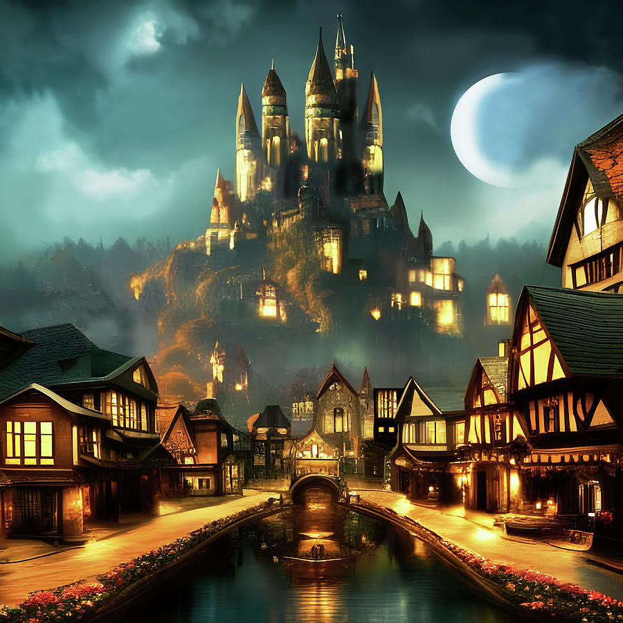 Castle Above Old Town Depiction At Nighttime Mixed Media