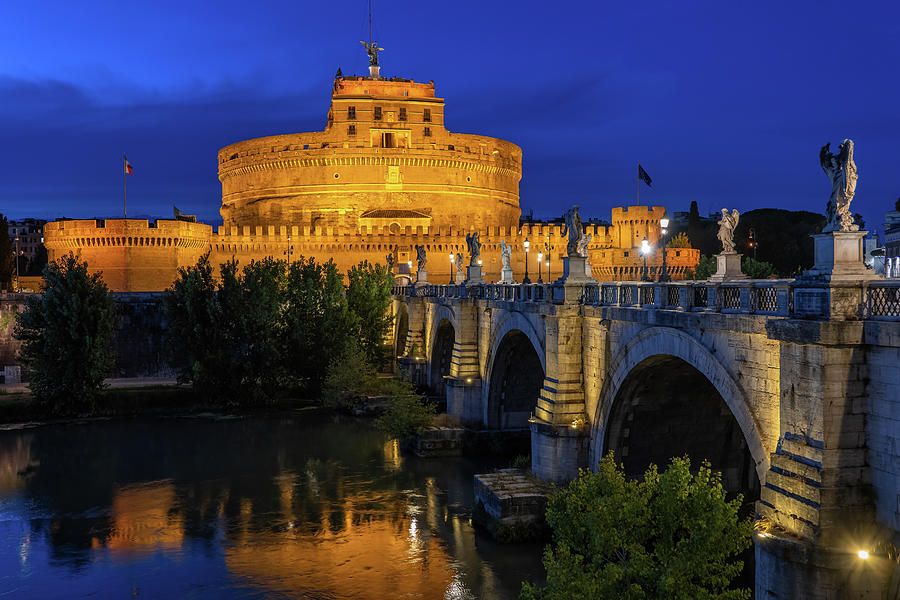 Castle Photograph - Castle and Bridge in Rome at Night by Artur Bogacki