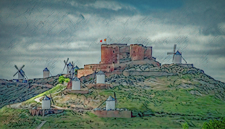 Castle And Windmills in Consuegra, Stylized Photograph by Marcy Wielfaert