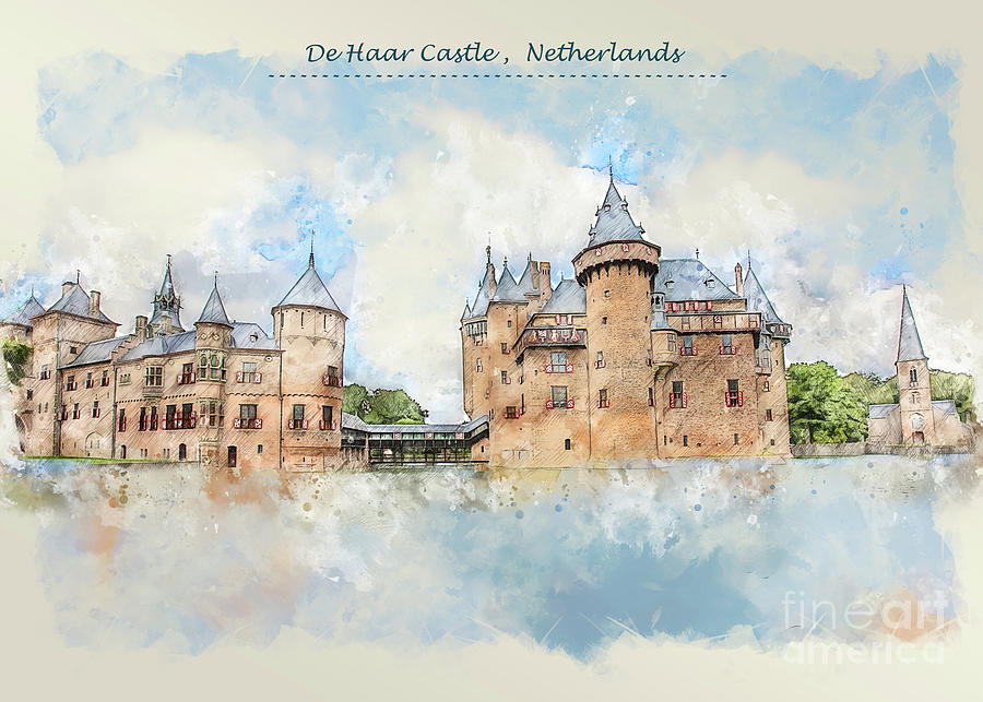 castle De Haar Castle in Netherlands in sketch style Digital Art by Ariadna De Raadt