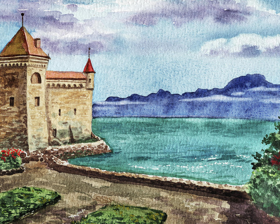 Castle For The Princess At Magical Lake Watercolor Landscape Painting