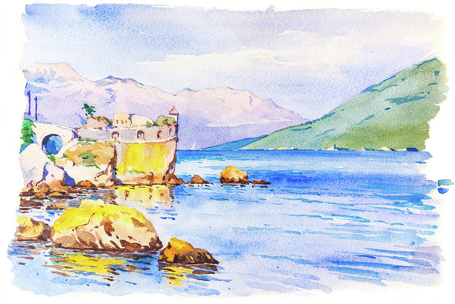 Castle ruin on coast of Adriatic Sea in Dalmatia, 1938 Painting by Viktor Wallon-Hars