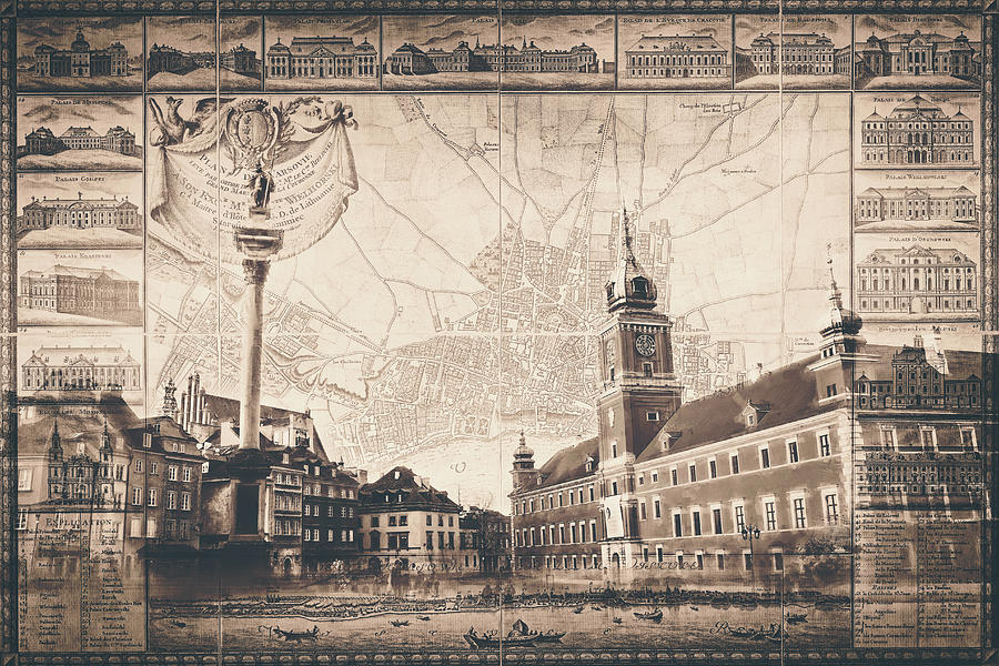 Castle Square Warsaw Poland With Vintage Map Nostalgic Sepia  Photograph by Carol Japp
