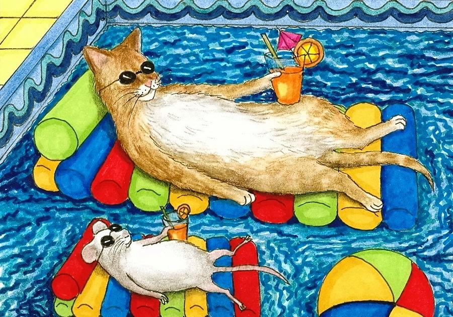 Cat 373 mouse Pool Painting by Lucie Dumas