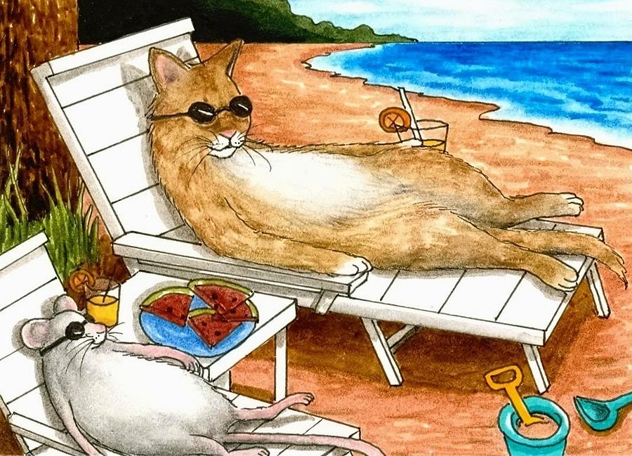 Cat 374 mouse Beach Painting by Lucie Dumas