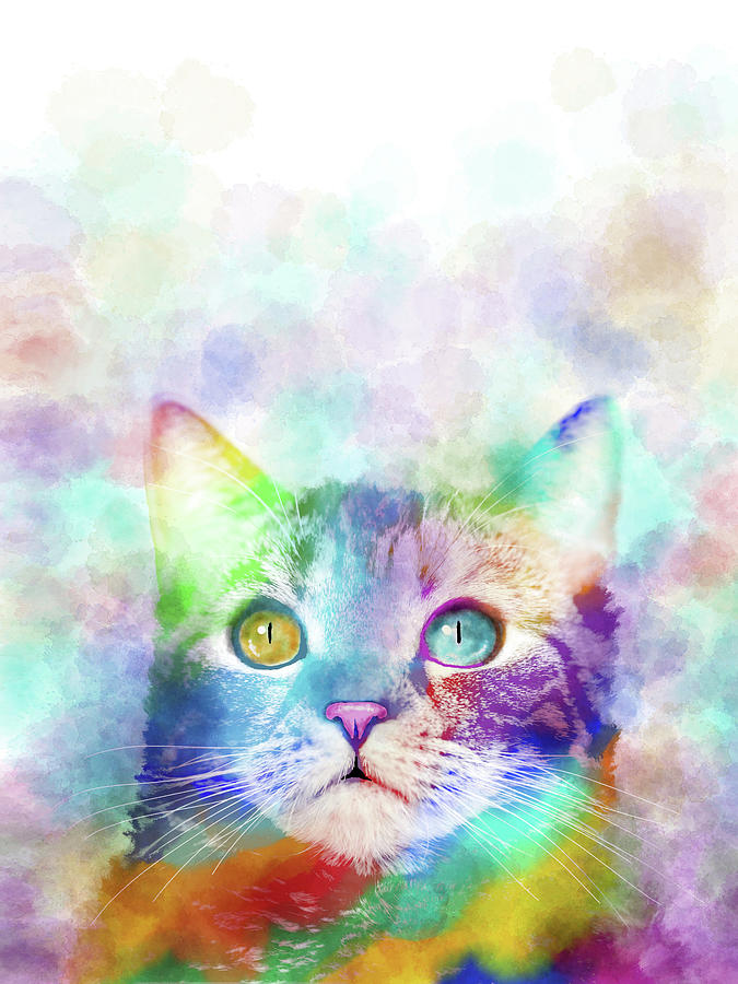 Cat 663 multicolor cat by artist Lucie Dumas Digital Art by Lucie Dumas