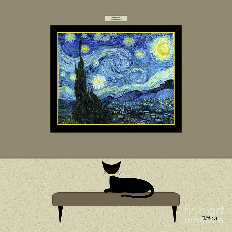 Cat Admires Starry Night  Digital Art by Donna Mibus