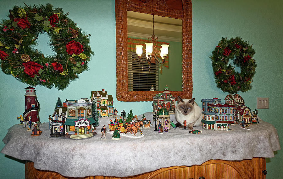 Cat Among Christmas Village Photograph by Sally Weigand