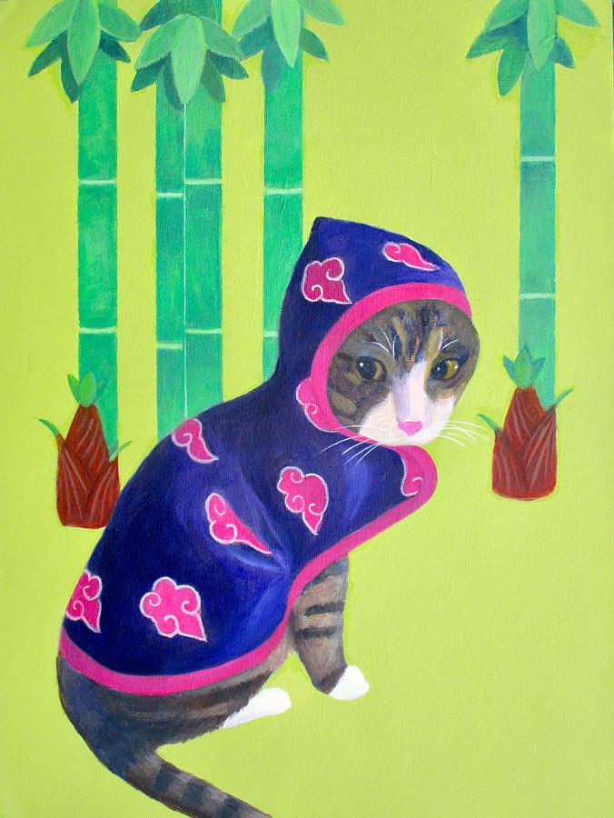 Cat and Bamboo Trees Painting by Kazumi Whitemoon
