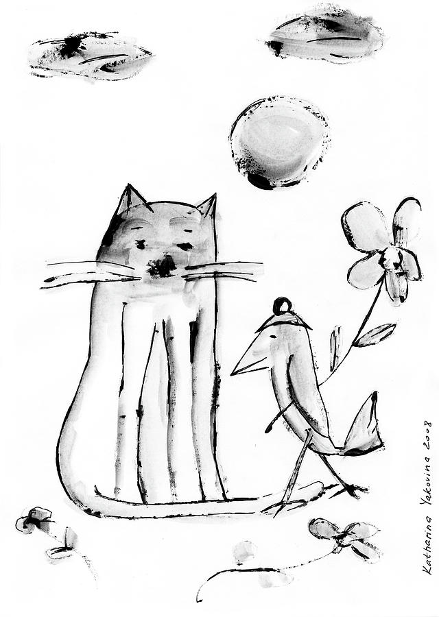 Cat and Bird Drawing by Ekaterina Yakovina