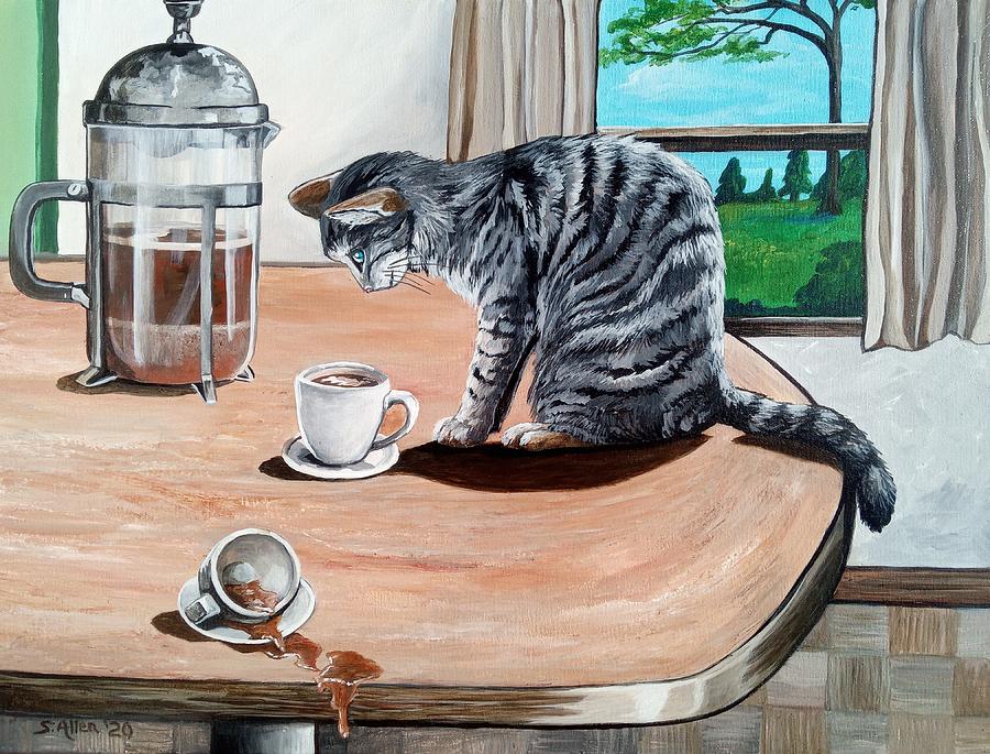 Cat and Coffee Cups Sonya Allen Painting by Sonya Allen