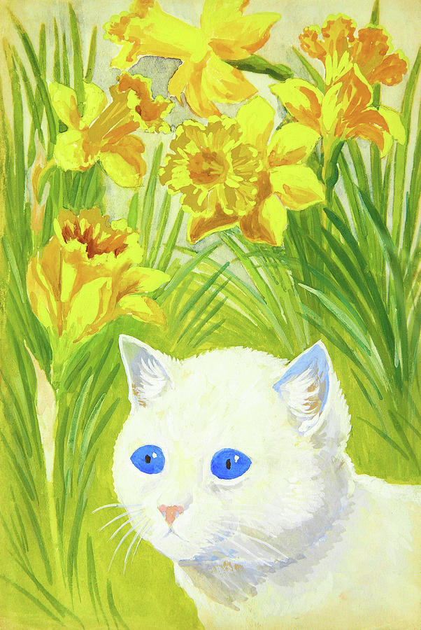 Cat and daffodils - Digital Remastered Edition Painting by Louis Wain