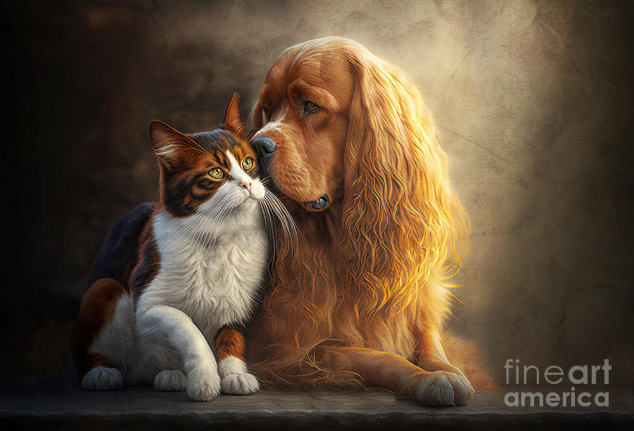 Cat and dog friends love. Painting, generative ai Photograph by Michal Bednarek