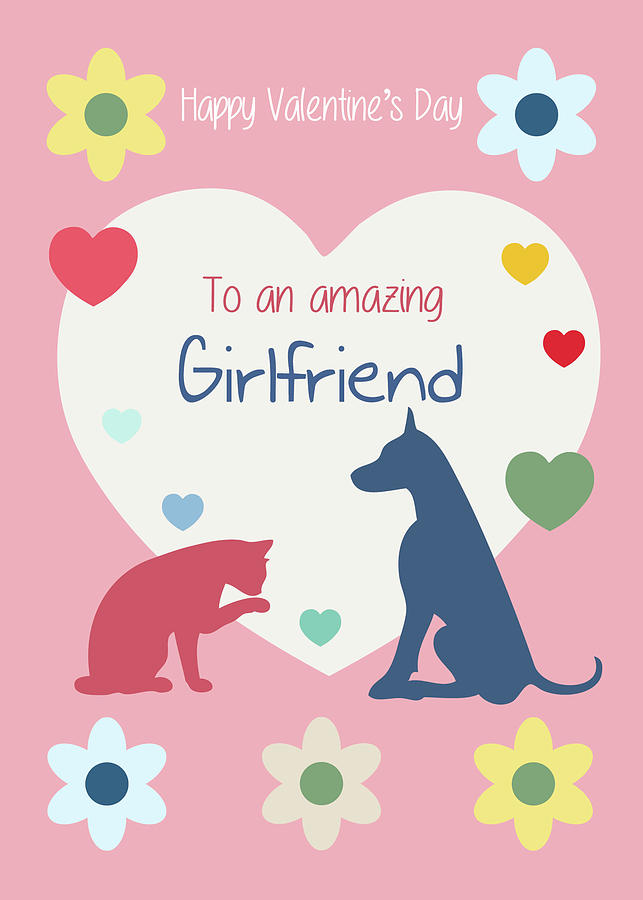 Cat and Dog Hearts Flowers Amazing Girlfriend Valentines Day Digital Art by Jan Keteleer