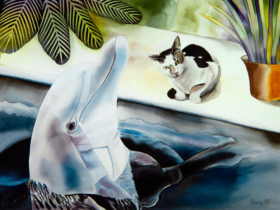 Animal Painting - Cat and Dolphin by Romy Muirhead