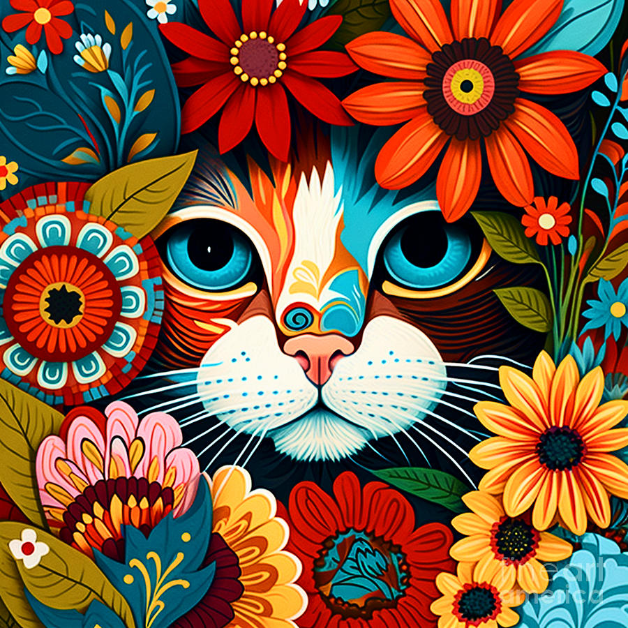 Cat and flowers Mixed Media by Binka Kirova