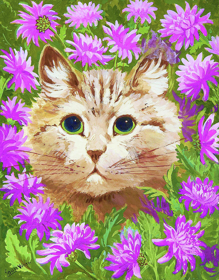Louis Wain Painting - Cat and Flowers - Digital Remastered Edition by Louis Wain