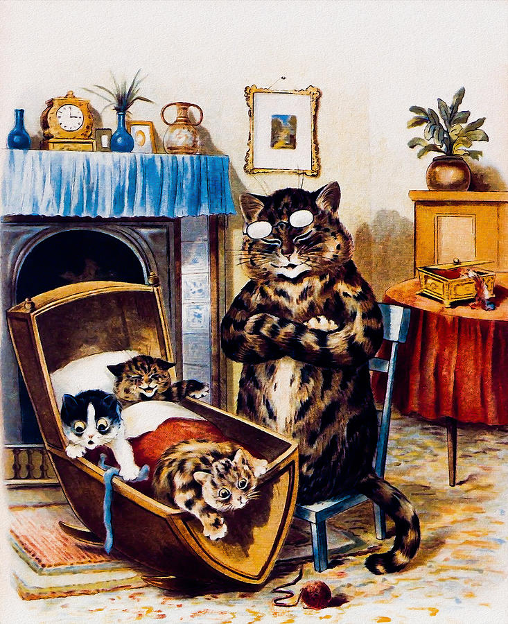 Cat and Kittens by Louis Wain Painting by Orca Art Gallery - Fine Art ...