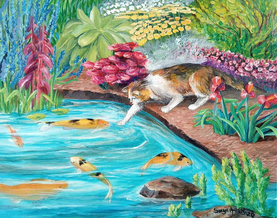 Cat and Koi Pond Fishing Painting by Sonya Allen