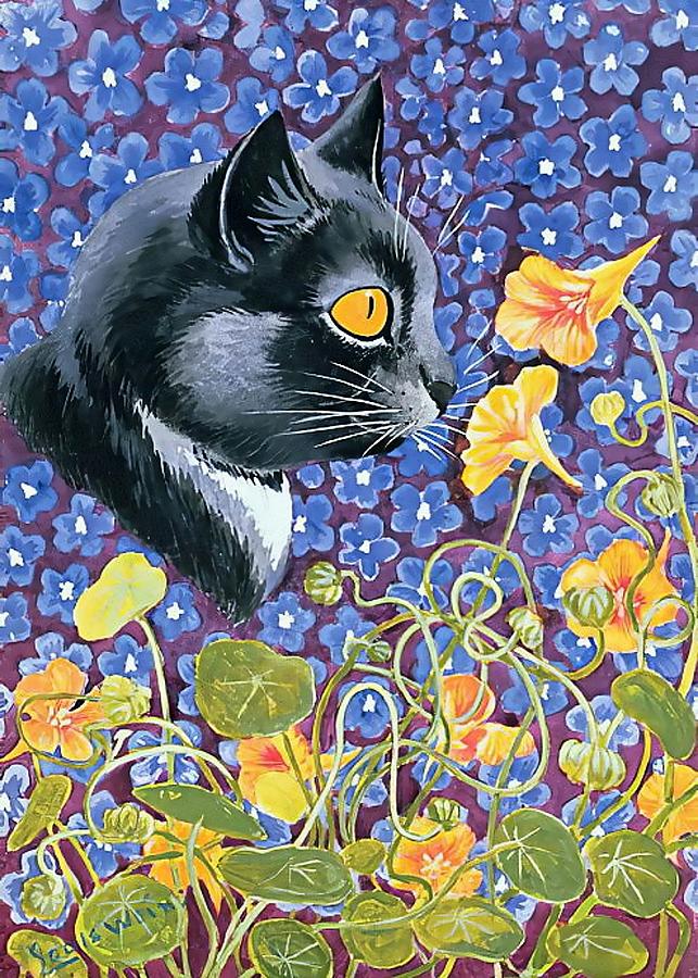 Flower Digital Art - Cat and Nasturtiums by Patricia Keith