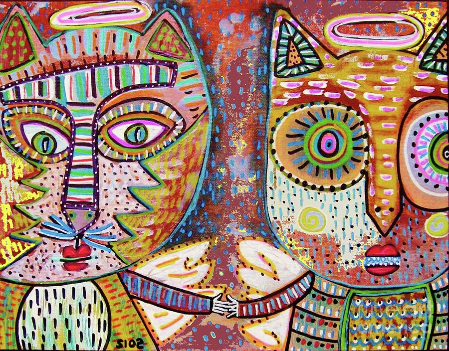 Cat And Owl Angel Friends  Painting by Sandra Silberzweig