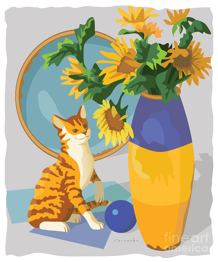 Cat and Sunflowers Digital Art by Sue Cervenka Fine Art America