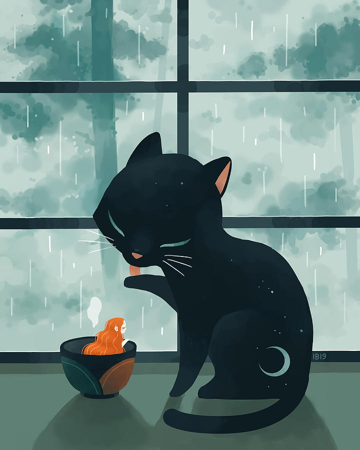 Cat and the rain Poster green Painting by Reynolds Paul | Pixels