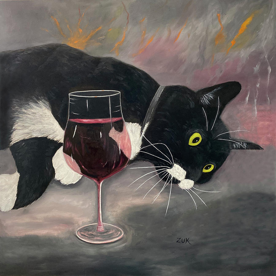 Tuxedo Cat and Red Wine Painting by Karen Zuk Rosenblatt