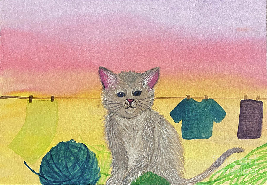 Cat and Yarn Mixed Media by Lisa Neuman