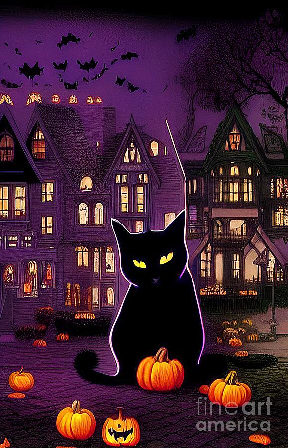 Cat, Bats and Pumpkins Digital Art by Nicki Thompson - Fine Art America