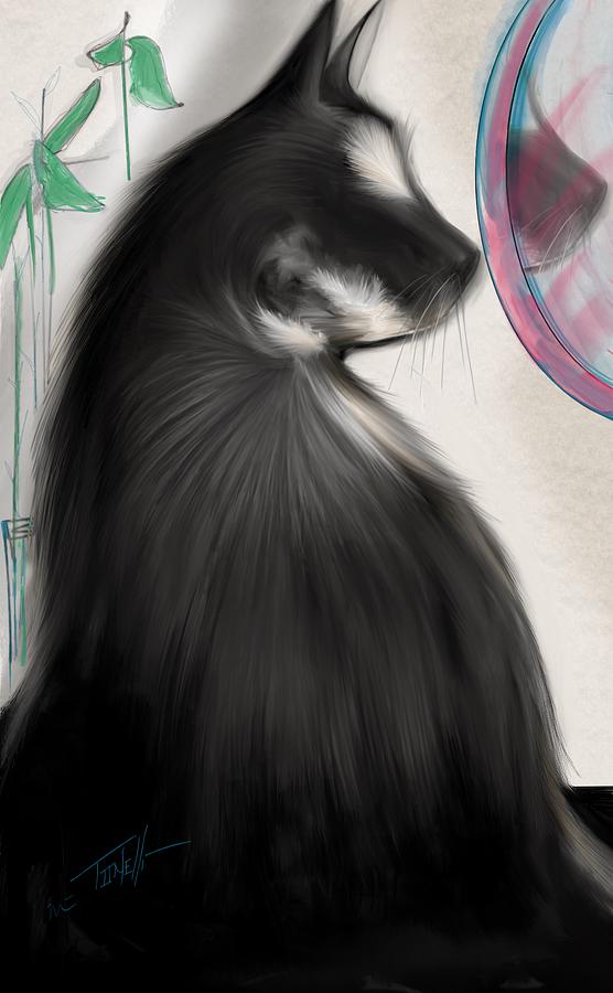 Cat Black White Sitting Tuxedo Mirror Mixed Media