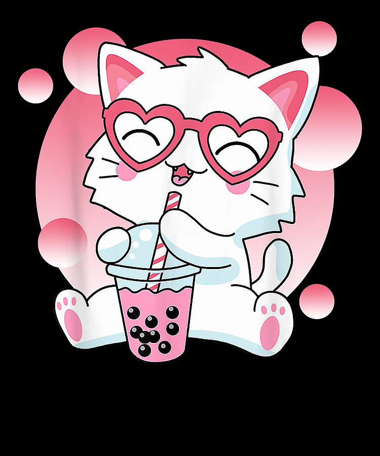 Kawaii Japanese Anime Cat Bubble Tea - Neko Kitty Drawing by DNT