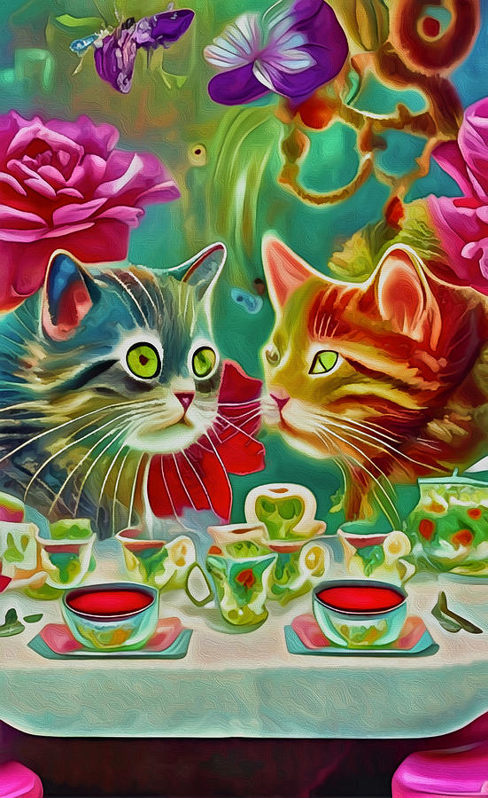 Cat Chatter at Afternoon Tea Mixed Media by Ann Leech