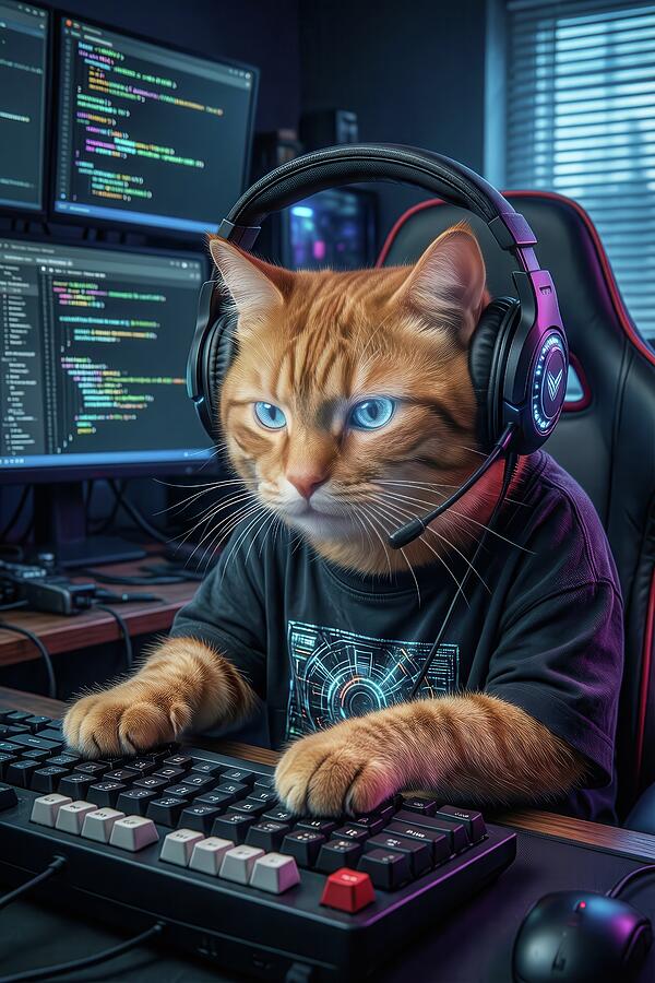 Cat Coding At Computer Desk Digital Art by Matthias Hauser - Fine Art ...