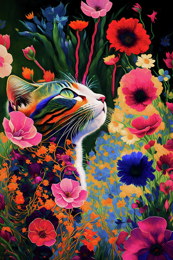 Cat Daydreaming in Flower Garden Digital Art by Peggy Collins