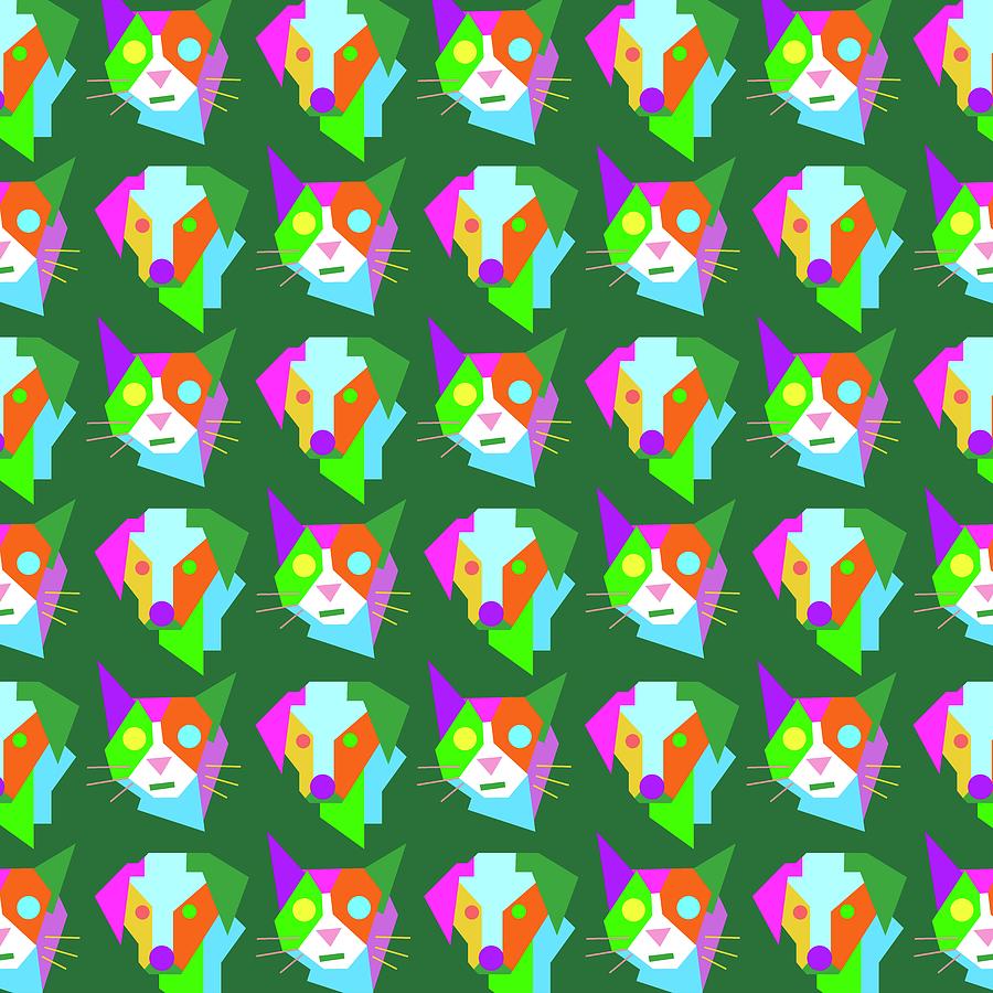 Cat Dog Pattern Wpap Style Green Background Digital Art