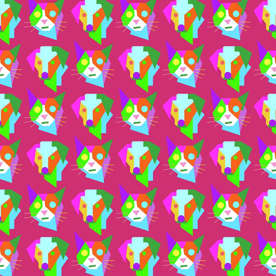 Cat Dog Pattern Wpap Style Pink Background Digital Art