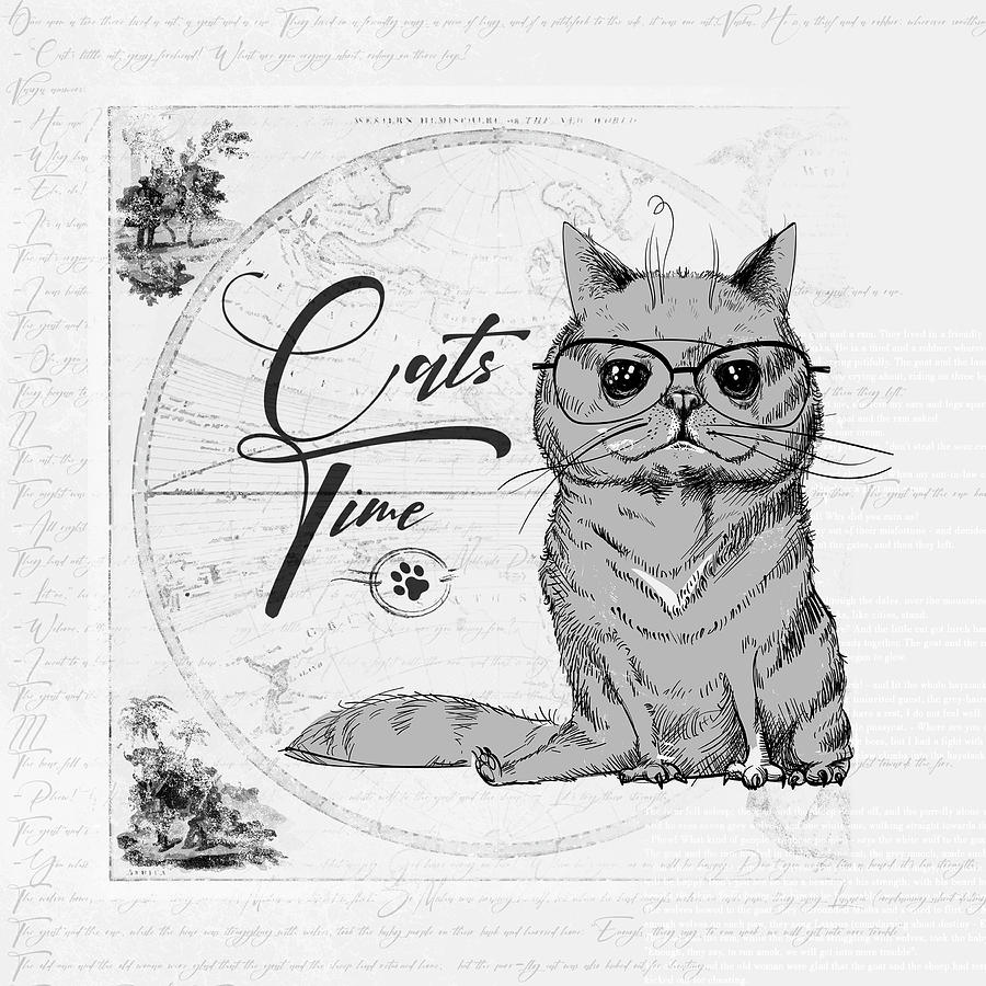 Cat drawing, old classic vintage look, light gray Digital Art by Roman ...