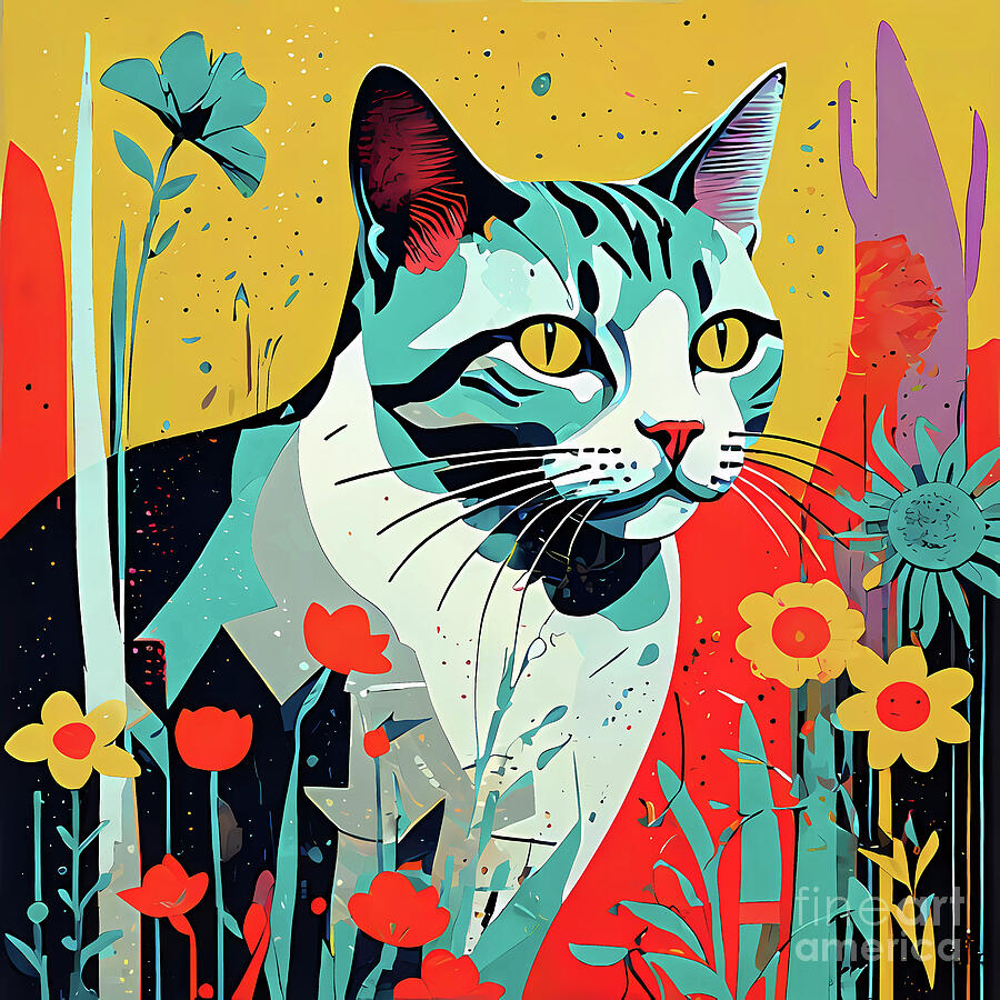 Cat Enjoying Spring Time In A Field Of Flowers Painting