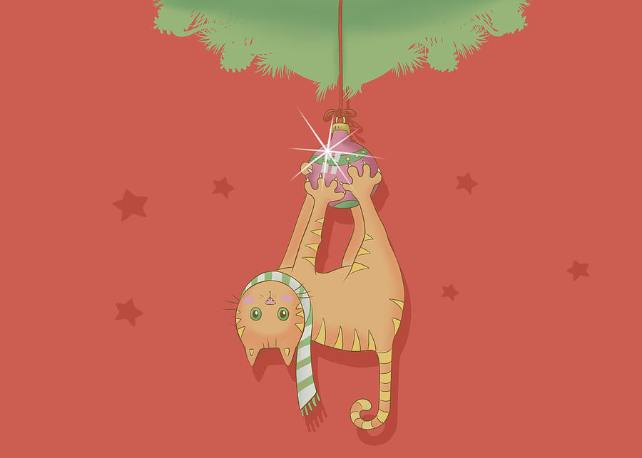 Christmas Drawing - Cat hanging on christmas ball       by Johnnie Art