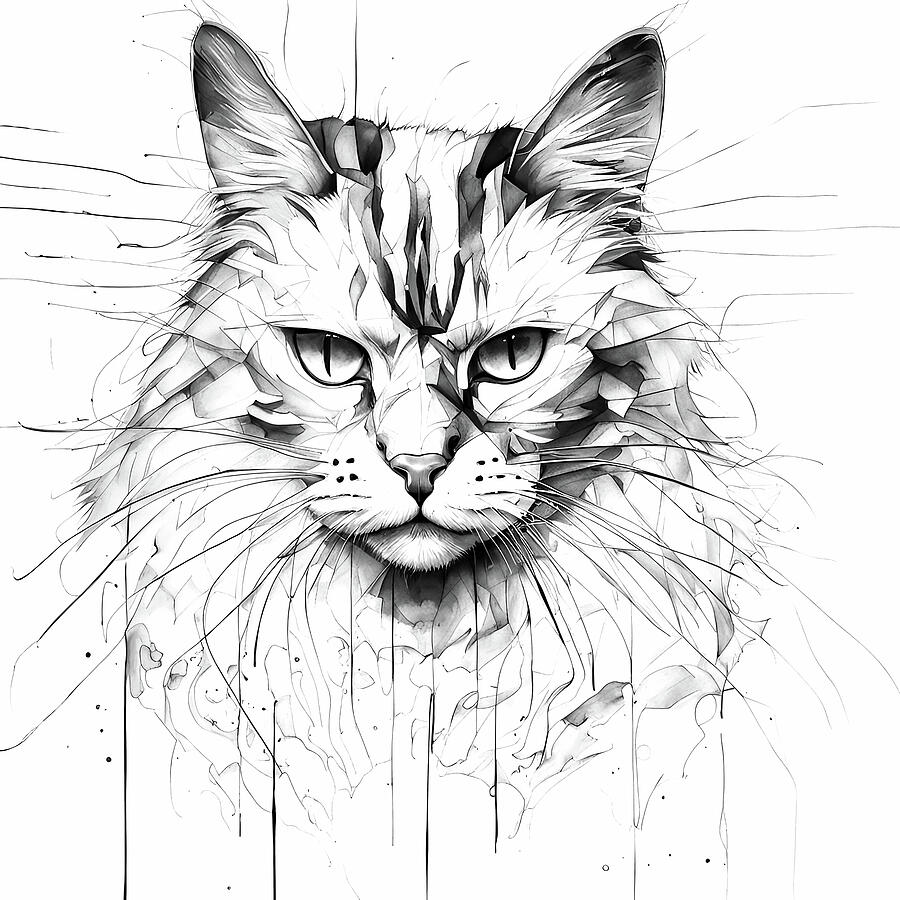 Cat Head Sketch - Black and White Digital Feline Art Print by Marian Voicu