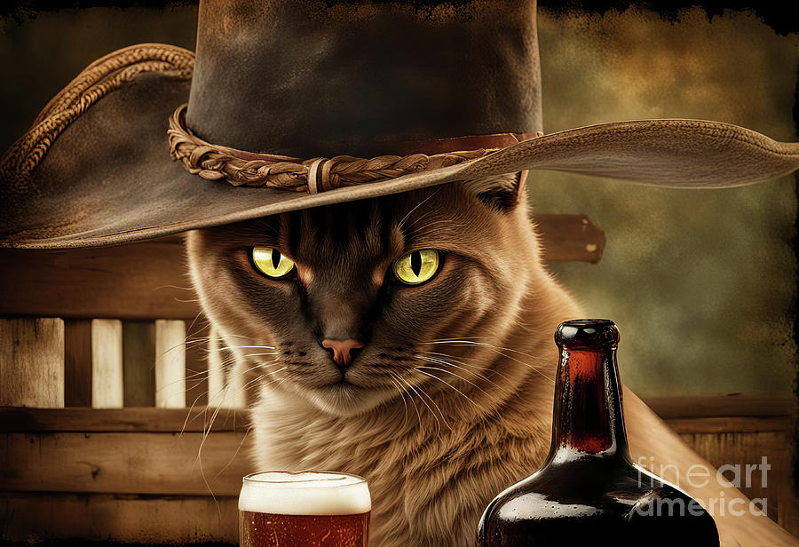 Cat Hombre Saloon with Cowboy Hat Country Western Old West Mixed Media by Stephanie Laird