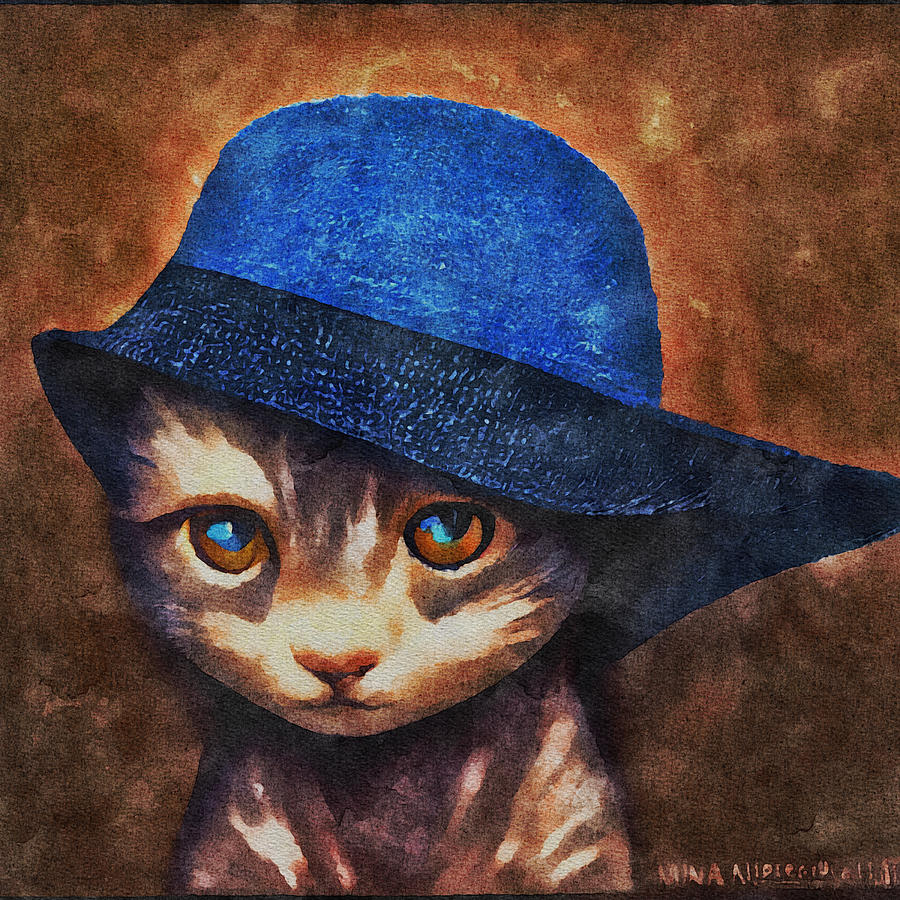 Cat in a Blue Hat 1 Mixed Media by Ann Leech