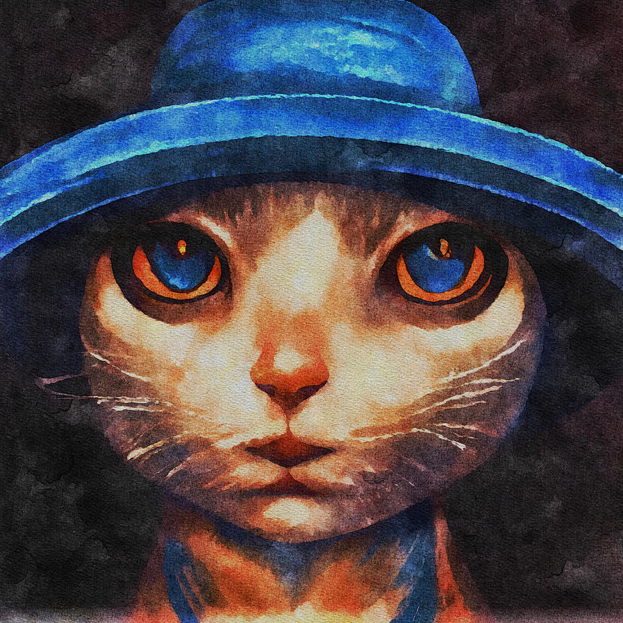 Cat in a Blue Hat 2 Mixed Media by Ann Leech