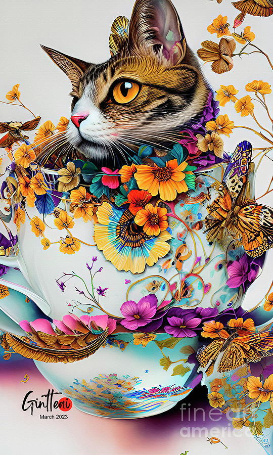 Cat In A Cup Ginette In Wonderland Digital Art Digital Art by Ginette Callaway