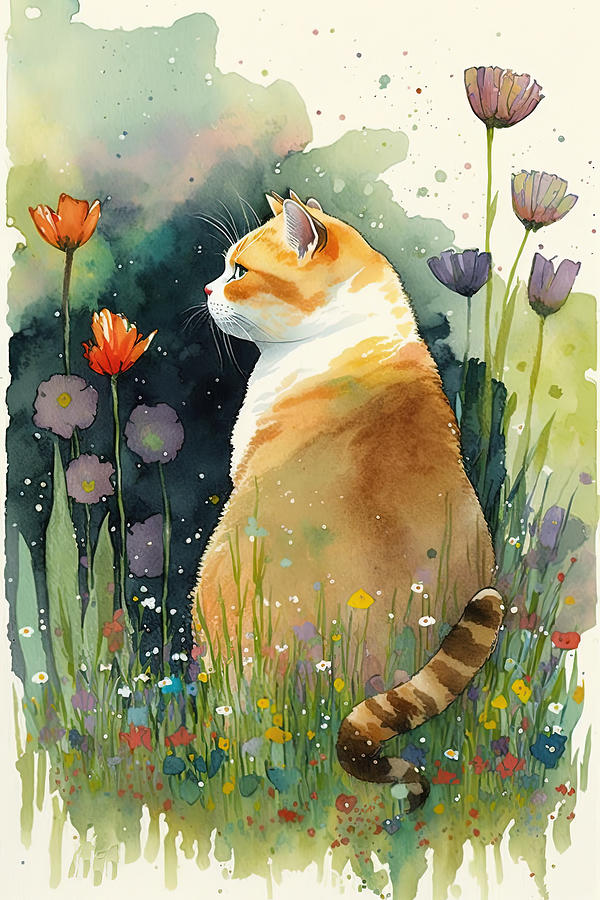 Cat in a flower field 2 Digital Art by Debbie Brown