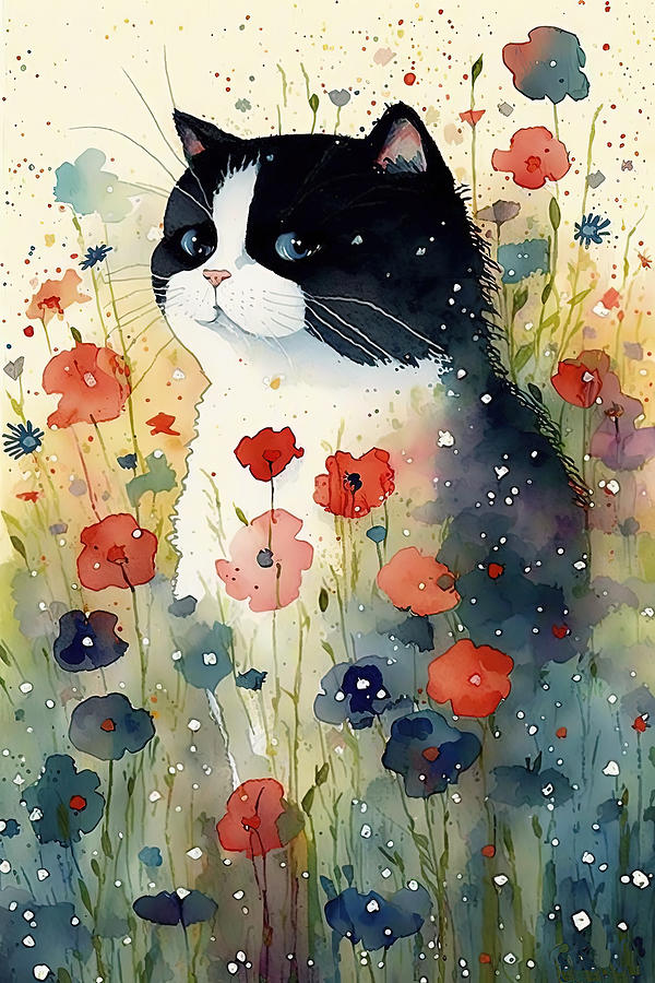 Cat in a flower field 3 Digital Art by Debbie Brown