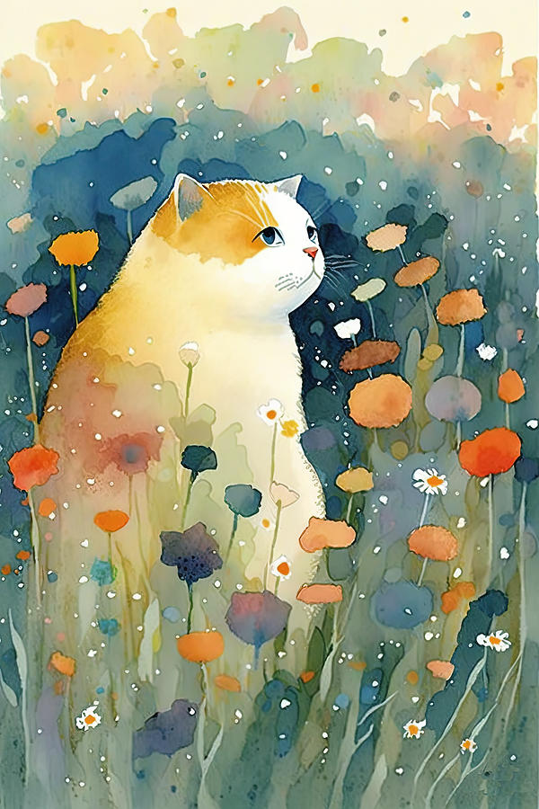 Cat in a flower field 4 Digital Art by Debbie Brown