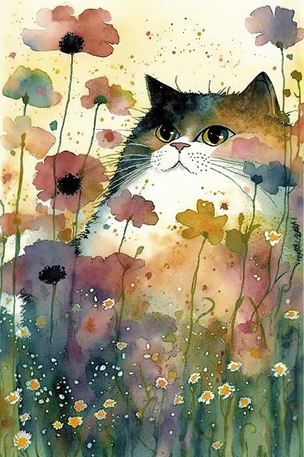Cat in a flower field 5 Digital Art by Debbie Brown
