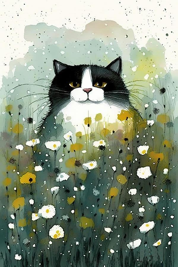 Cat in a flower field Digital Art by Debbie Brown